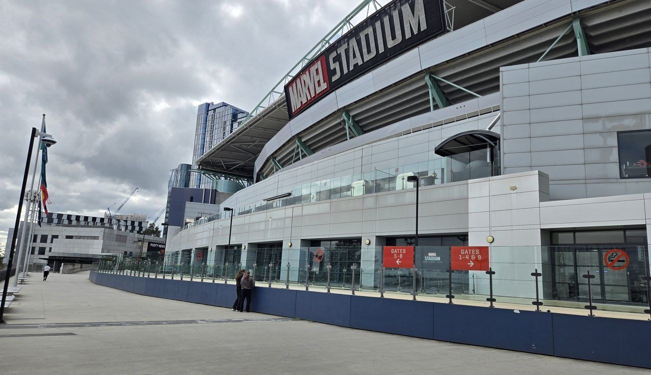 Marvel Stadium from Harbour Esplanade, Docklands — the venue whose Town Square hosted Diwali at Docklands in 2023.
